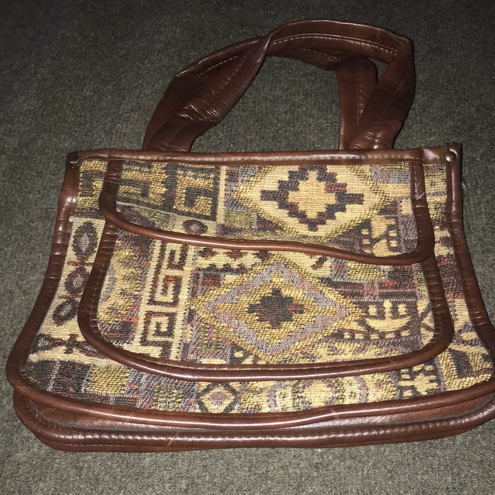Vintage Woven and Leather Handbag with organization pockets, Unique!